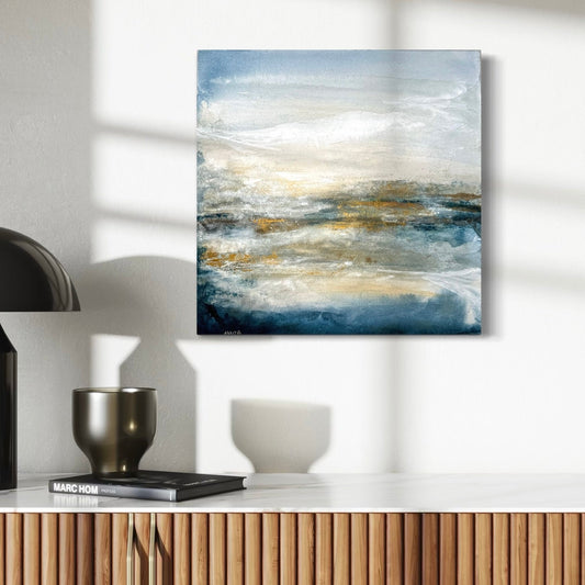 Abstract painting on a wall with decorative items below