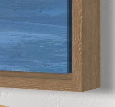 Close-up of a wooden frame with a blue painting inside