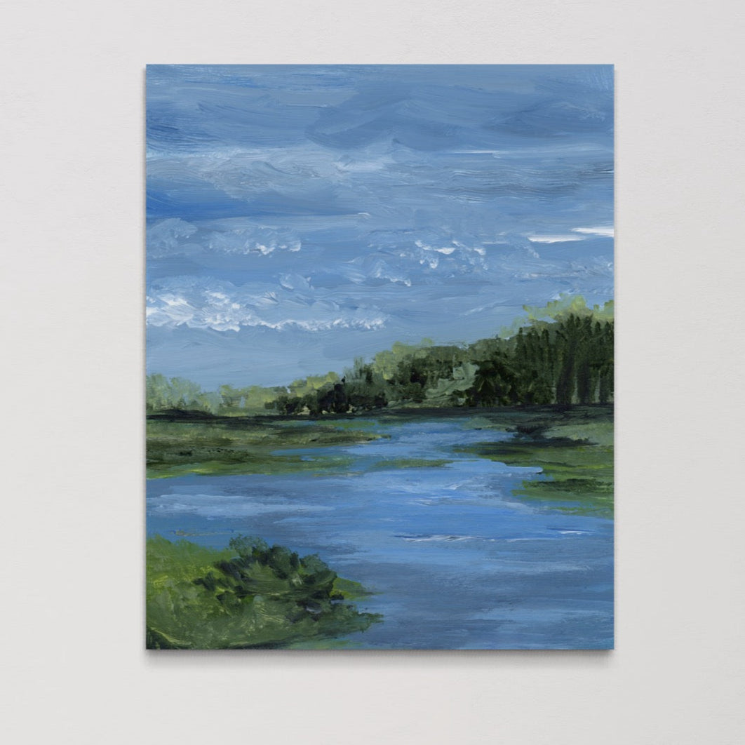 Painting of a landscape with a lake and trees under a blue sky.