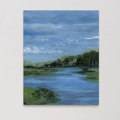 Painting of a landscape with a lake and trees under a blue sky.