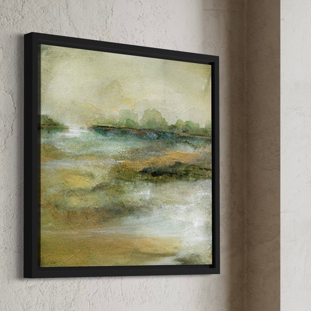 Framed abstract landscape painting on a textured wall