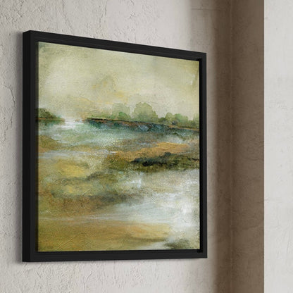 Framed abstract landscape painting on a textured wall