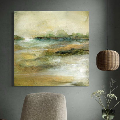 Abstract landscape painting on a gray wall above a chair with a vase of flowers.