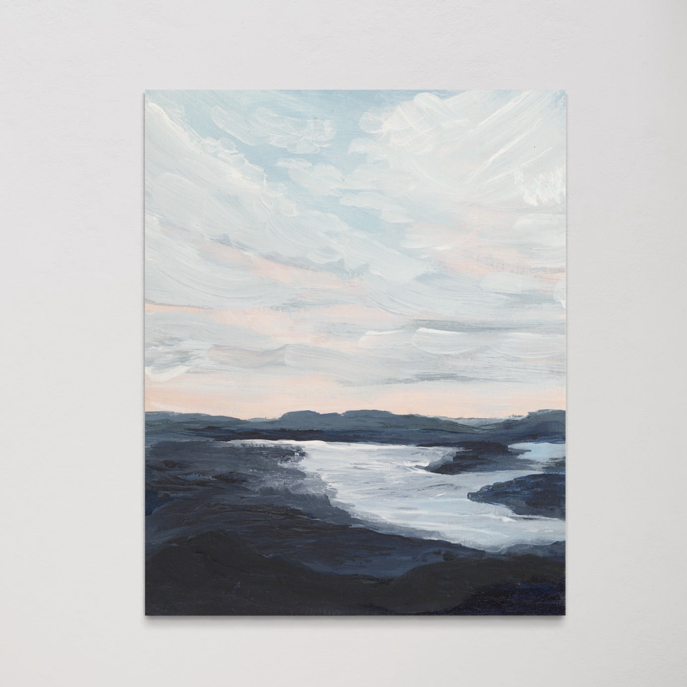 Painting of a landscape with a body of water and mountains under a cloudy sky.