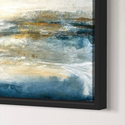 Abstract art painting with blue, gold, and white colors in a black frame.