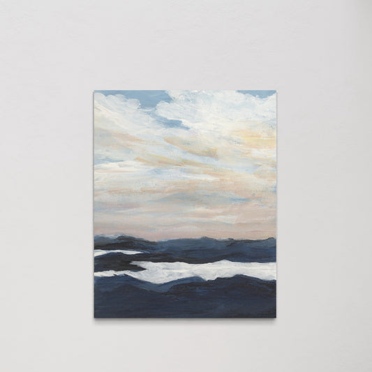 Painting of a landscape with mountains and a cloudy sky on a light gray background