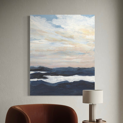 Painting of a landscape with clouds and water on a wall above a brown chair.