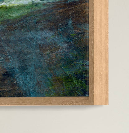 Abstract painting with a wooden frame on a white wall