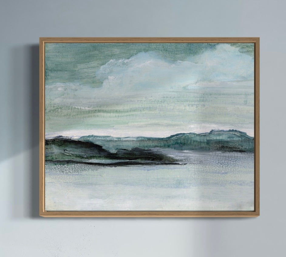 Framed abstract artwork with wavy patterns on a gray wall