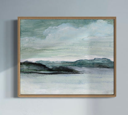 Framed abstract artwork with wavy patterns on a gray wall