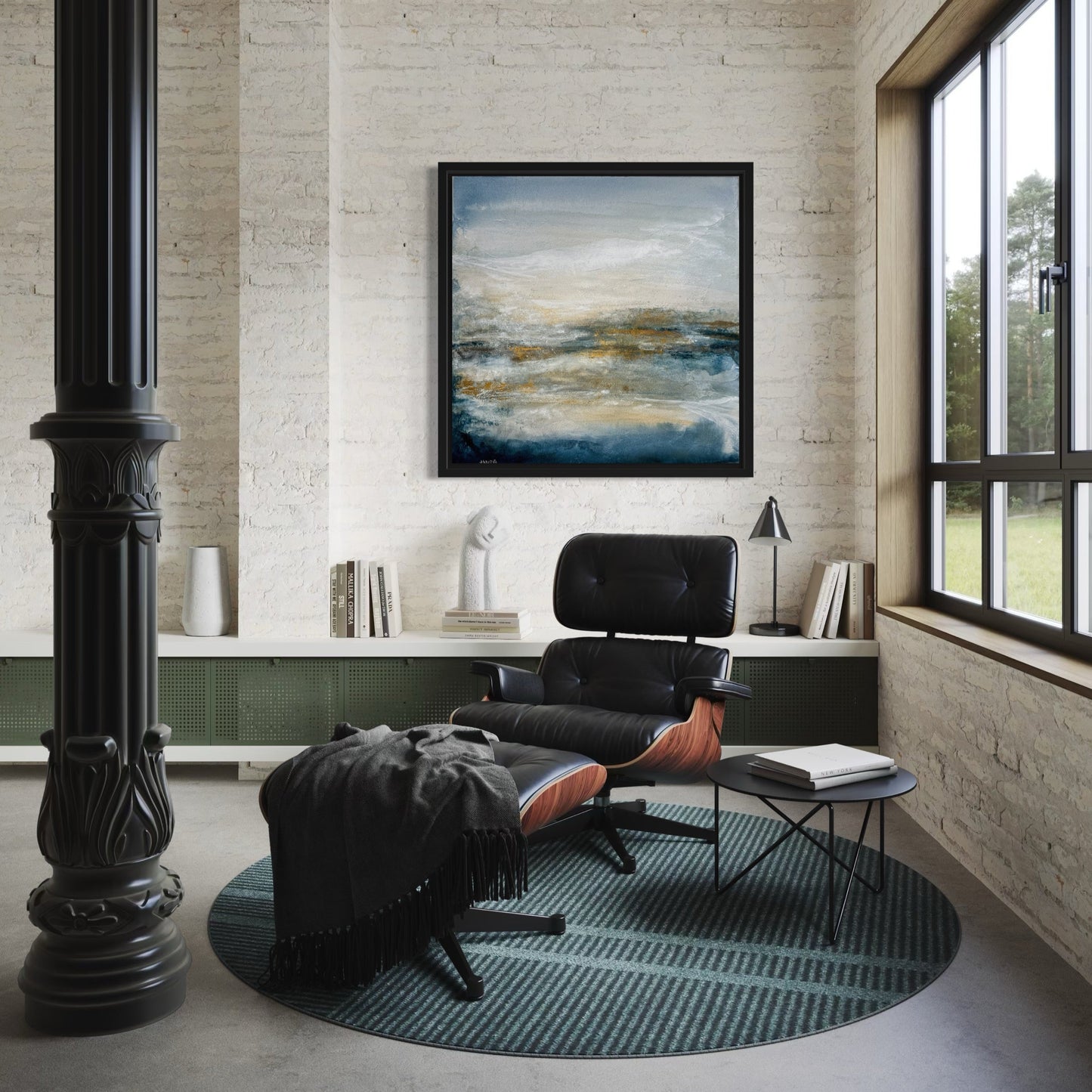 Modern office with black Eames chair, abstract painting, and large window.