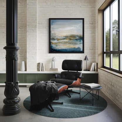 Modern office with black Eames chair, abstract painting, and large window.