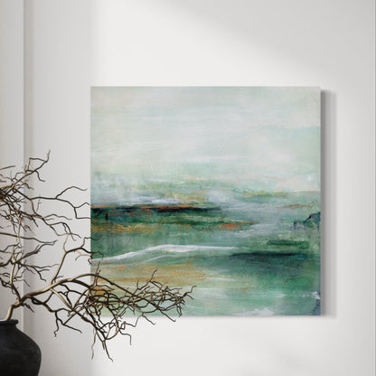 Abstract Turquoise landscape painting on a wall.