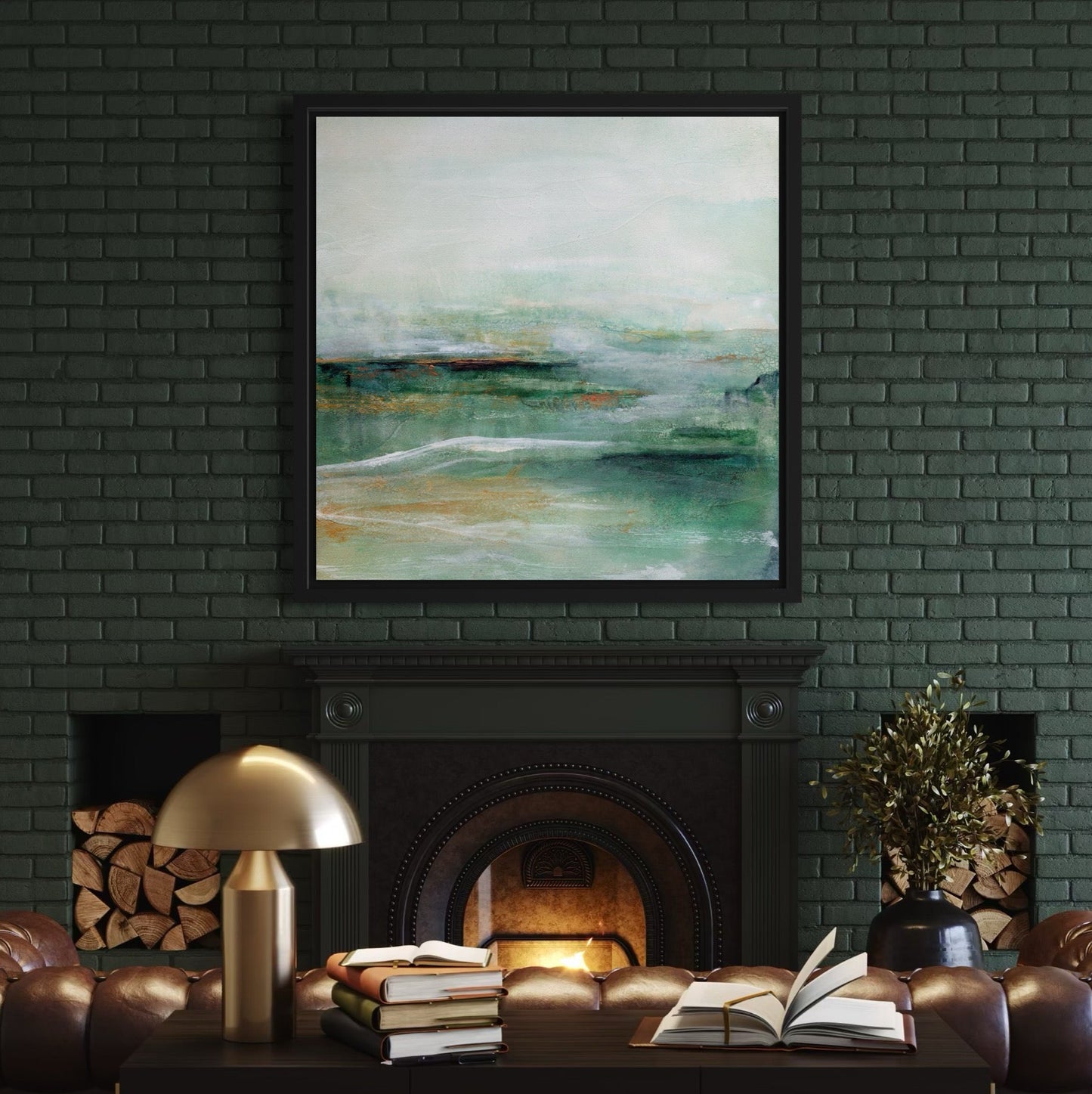 Modern living room with dark brick wall, fireplace, and abstract painting.