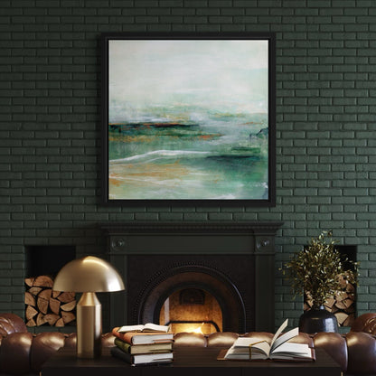 Modern living room with dark brick wall, fireplace, and abstract painting.