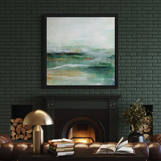 Modern living room with dark brick wall, fireplace, and abstract painting.
