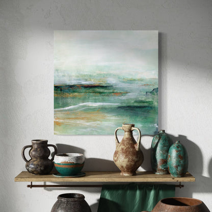 Artistic wall piece with a landscape painting above a shelf with ceramic vases.